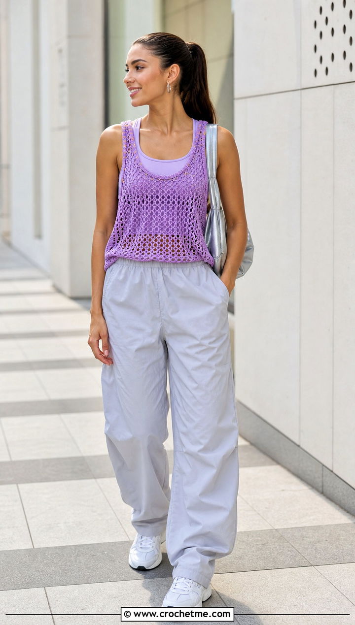 Mesh Crochet Scoop Neck Tank Top With Parachute Pants - 30 crochet scoop neck top outfit ideas