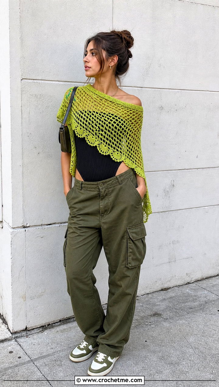 Mesh Crochet Semi Circle Shawl With Cargo Pants - 25 Crochet Semi Circle Shawl outfit ideas
