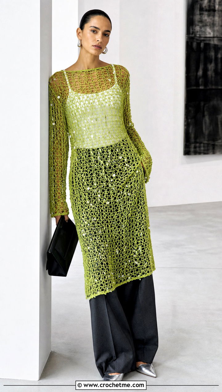 Mesh Crochet Sequin Dress Over Tailored Trousers - 35 crochet sequin dress outfit ideas