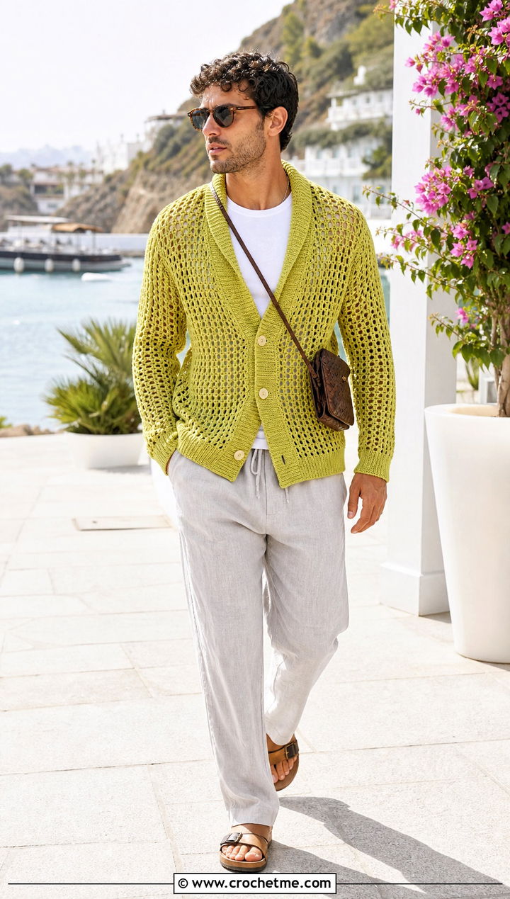 Mesh Crochet Shawl Collar Cardigan With Linen Pants - 20 Mens Crochet Shawl Collar Cardigan outfit ideas