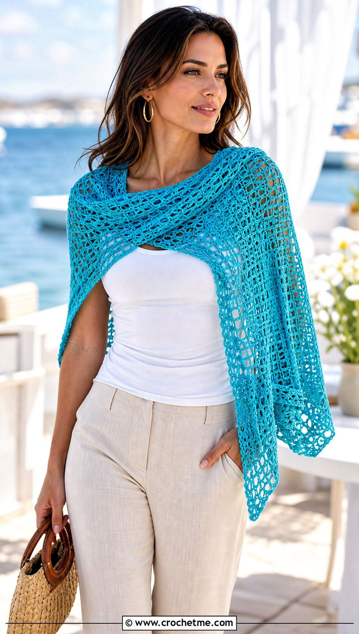 Mesh Crochet Shawl With Linen Pants - 20 Elegant Crochet Shawl outfit ideas