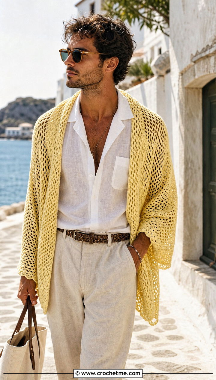 Mesh Crochet Shawl With Linen Shirt - 30 crochet shawl for men outfit ideas