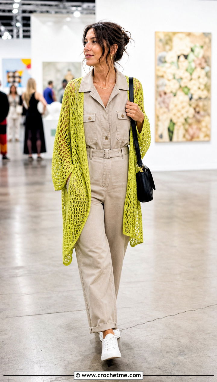 Mesh Crochet Shawl With Sleeves And Utility Jumpsuit - 35 crochet shawl with sleeves outfit ideas