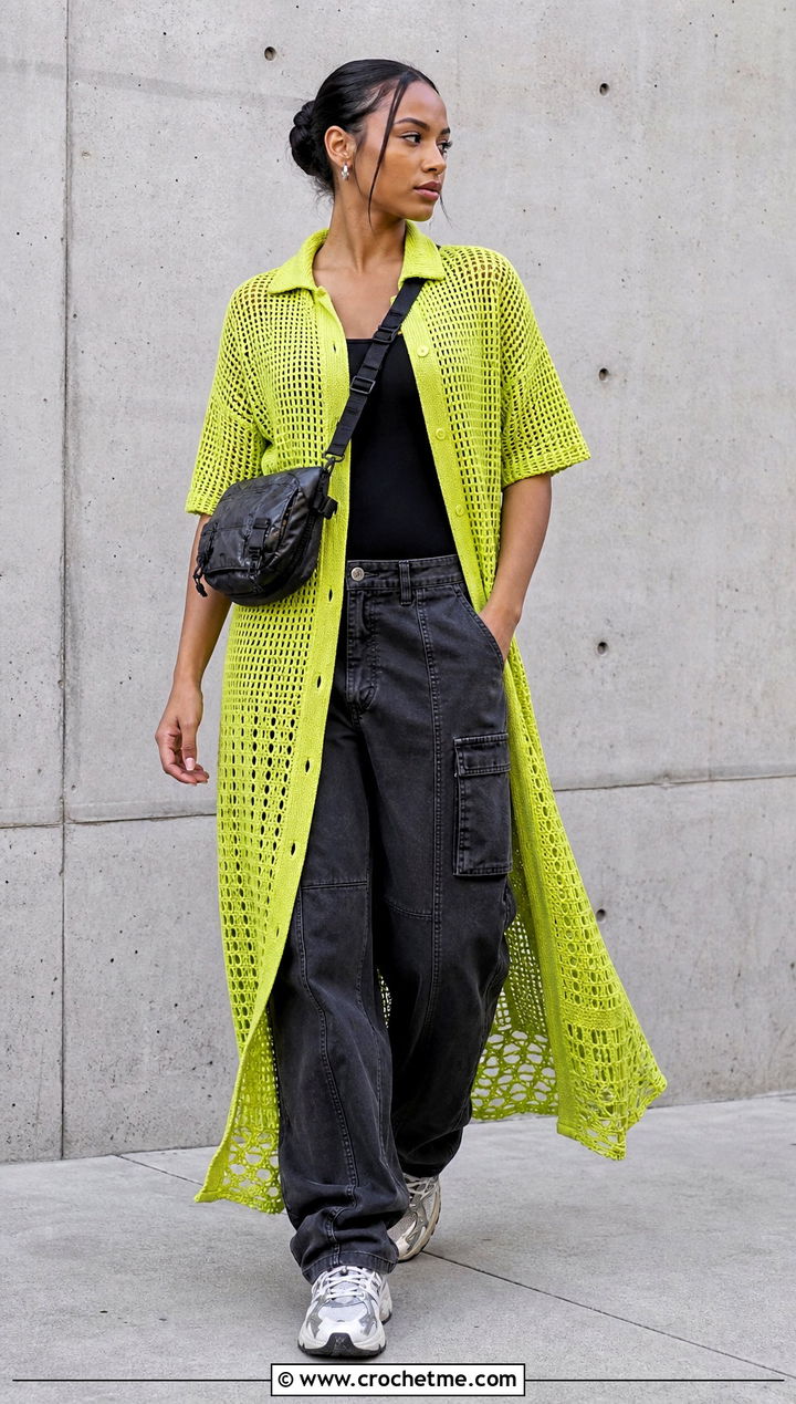 Mesh Crochet Shirt Dress With Cargo Pants - 35 crochet shirt dress outfit ideas