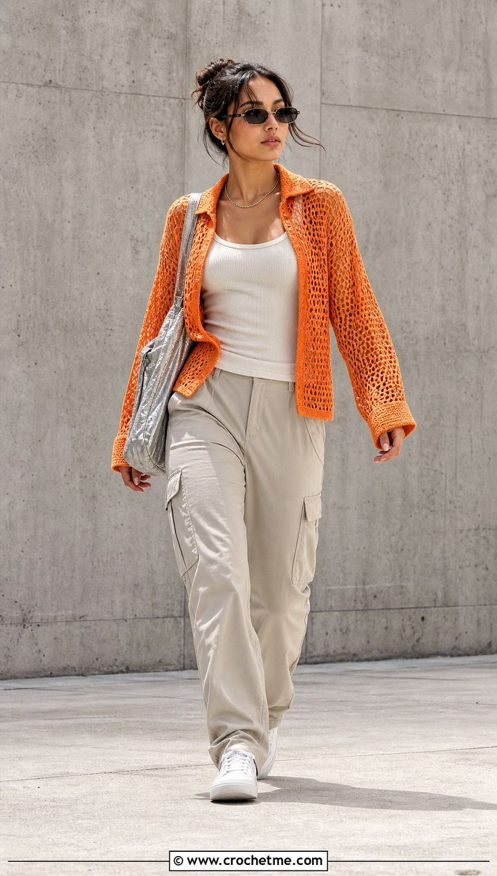 Mesh Crochet Shirt With Cargo Pants - 15 Crochet Shirt Sweaters & Cardigans outfit ideas