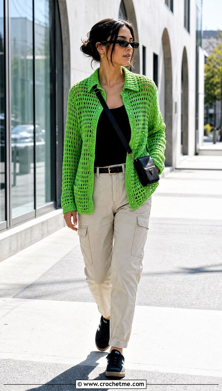 Mesh Crochet Shirt With Cargo Pants - 15 Crochet Lady Tops outfit ideas