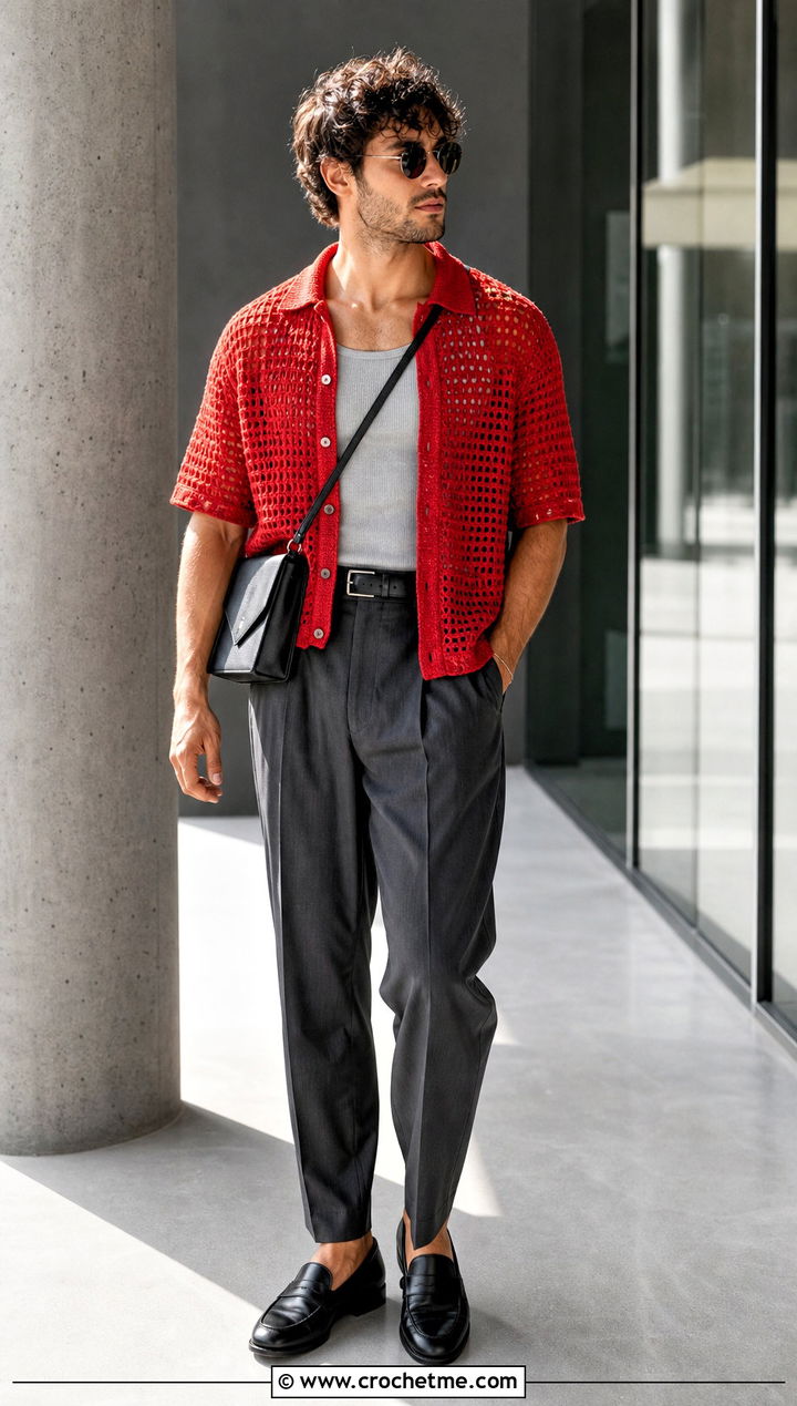 Mesh Crochet Shirt With Pleated Trousers - 35 crochet mens clothes and outfit ideas