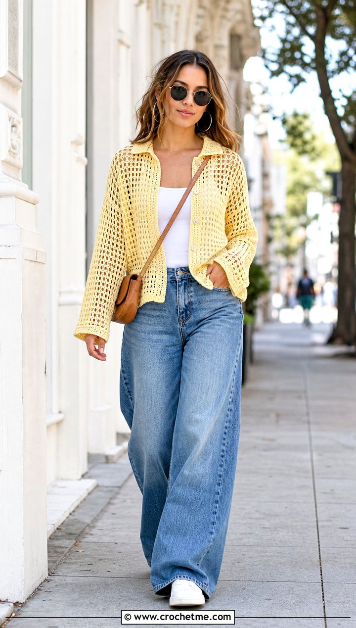Mesh Crochet Shirt With Wide Leg Jeans - 30 easy crochet shirt outfit ideas