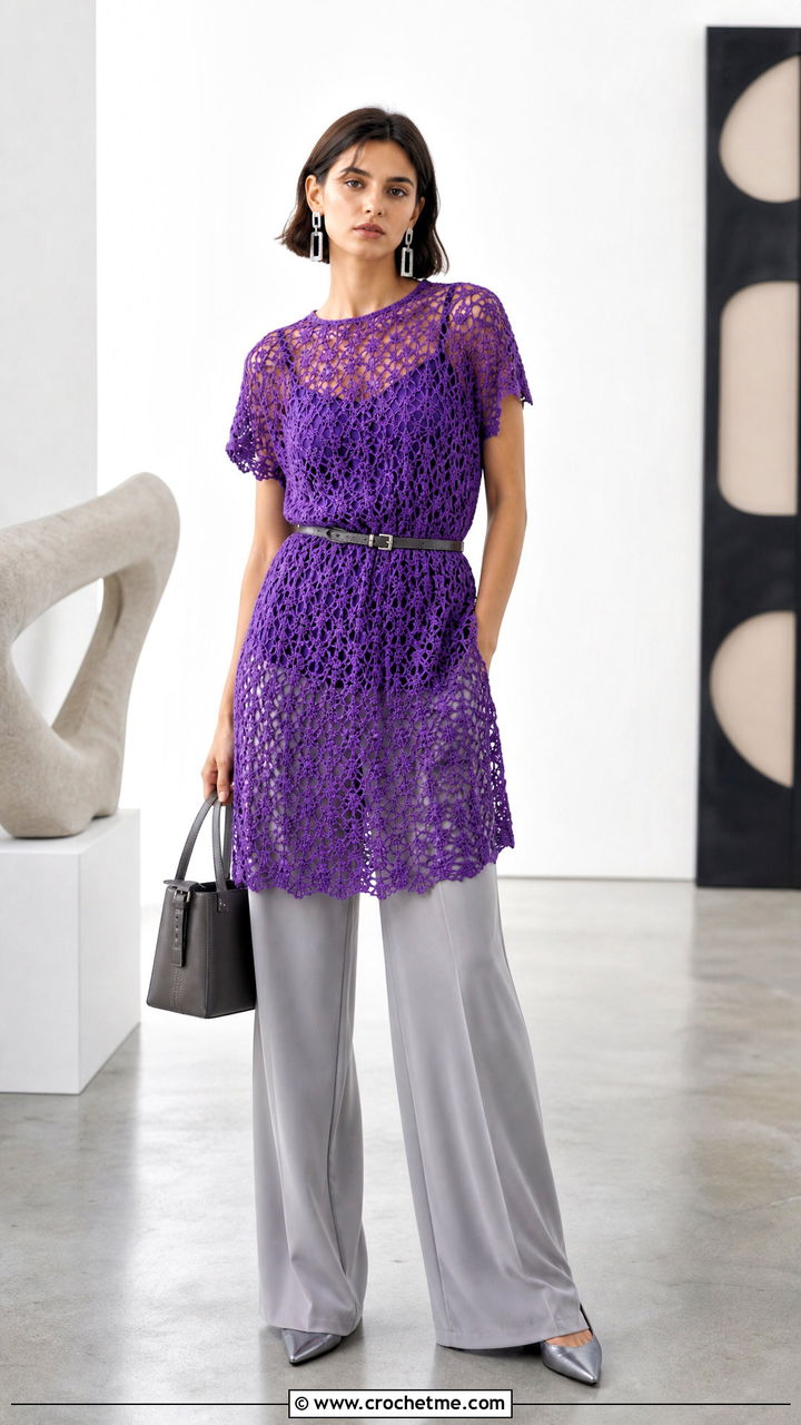 Mesh Crochet Short Dress With Wide Leg Trousers - 35 crochet short dresses outfit ideas