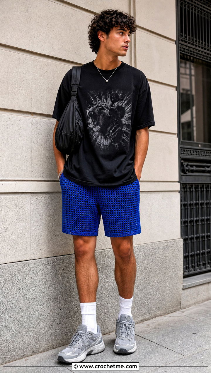 Mesh Crochet Shorts With Oversized Graphic T Shirt - 25 Crochet Shorts Mens outfit ideas