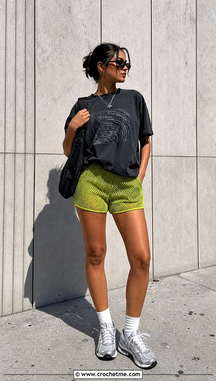 Mesh Crochet Shorts With Oversized Graphic T Shirt - 35 crochet summer shorts outfit ideas