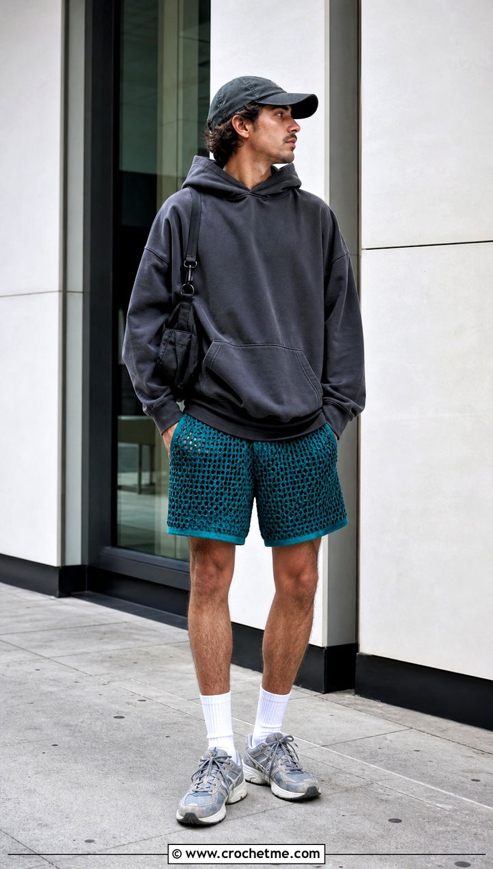 Mesh Crochet Shorts With Oversized Hoodie - 15 crochet shorts men outfit ideas