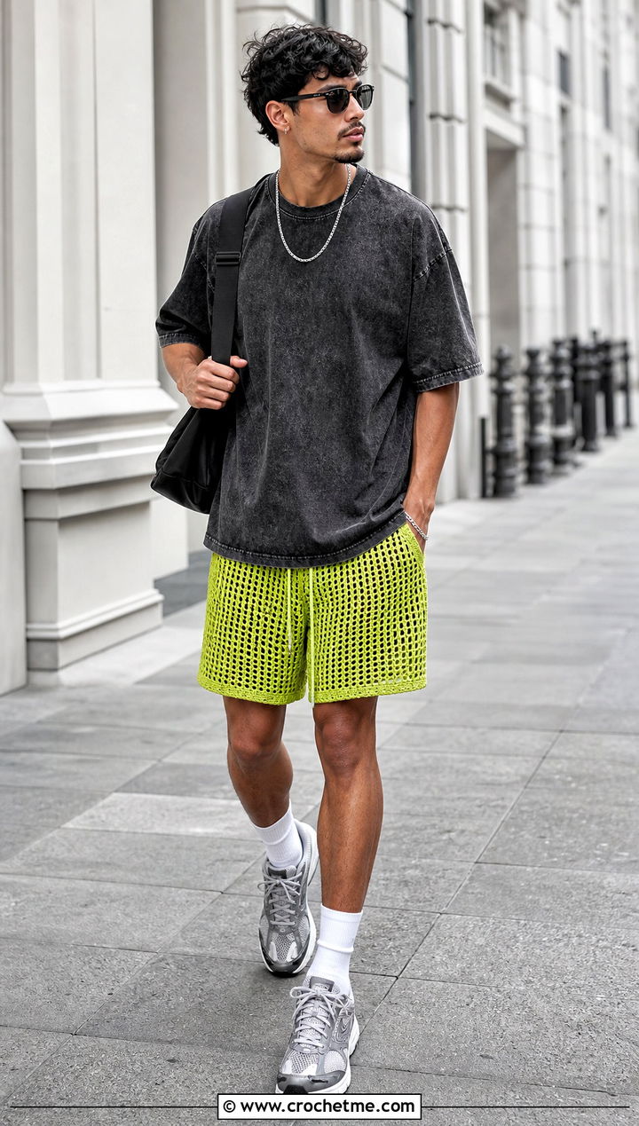 Mesh Crochet Shorts With Oversized T Shirt - 15 mens crochet shorts outfit ideas