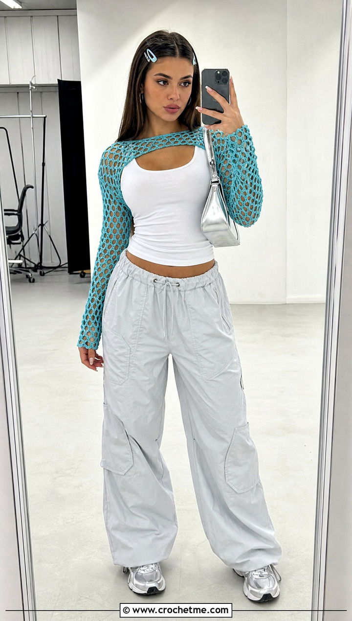 Mesh Crochet Shrug With Tank Top And Parachute Pants - 35 Kawaii Crochet Clothes and outfit ideas