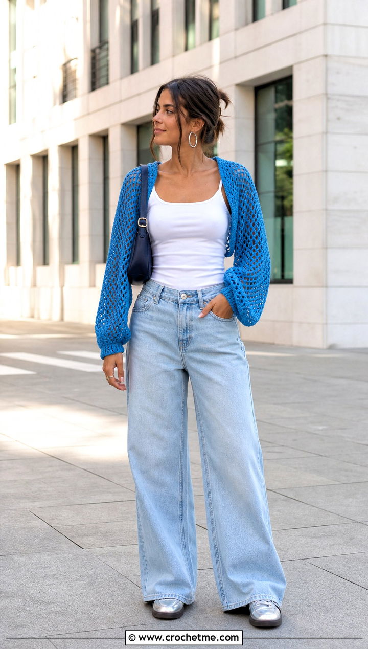 Mesh Crochet Shrug With Wide Leg Jeans - 30 crochet sweater sleeves outfit ideas