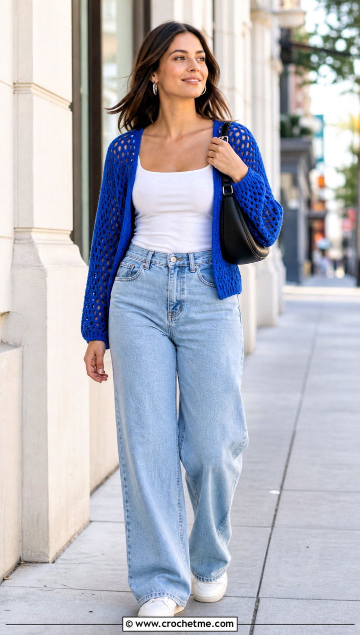 Mesh Crochet Shrug With Wide Leg Jeans - 30 Crochet Long Sleeve Half Top outfit ideas