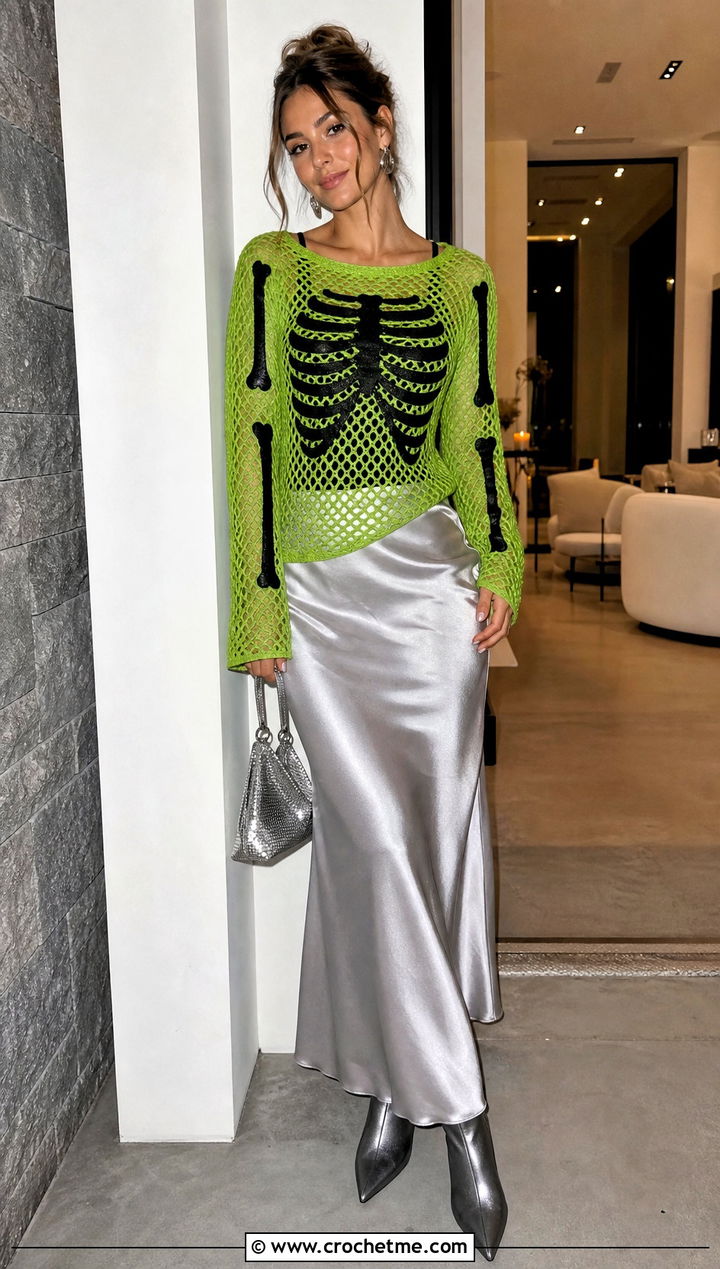 Mesh Crochet Skeleton Sweater With Satin Maxi Skirt - 30 Crochet Skeleton Sweater outfit ideas