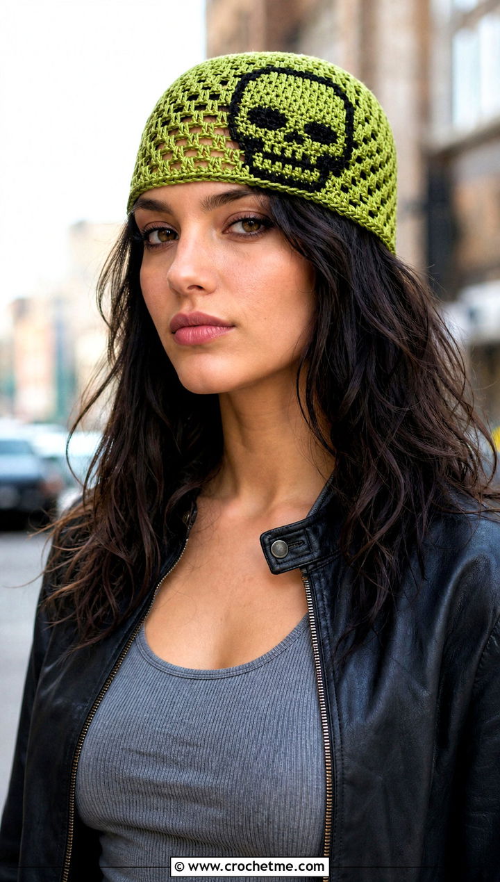 Mesh Crochet Skull Beanie With Leather Jacket - 30 crochet skull beanie outfit ideas