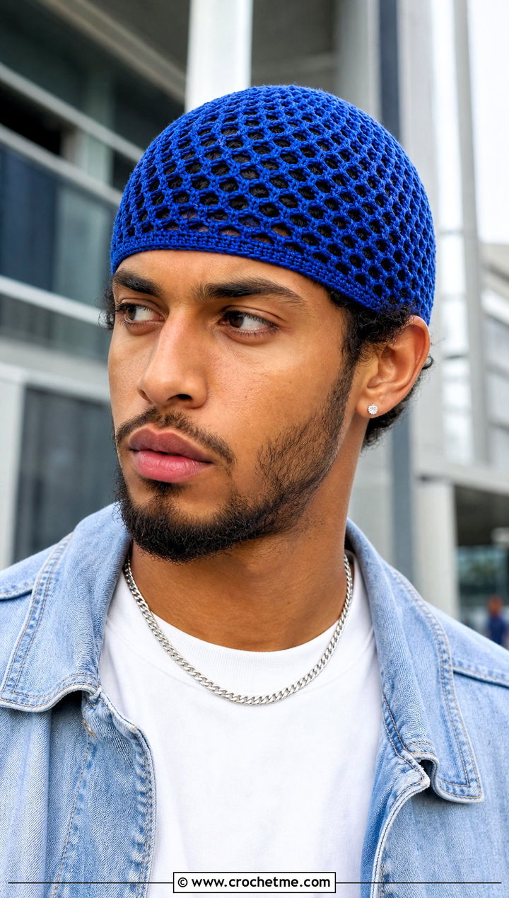 Mesh Crochet Skull Cap With White Tee And Baggy Jeans - 25 Crochet Skull Cap For Men outfit ideas