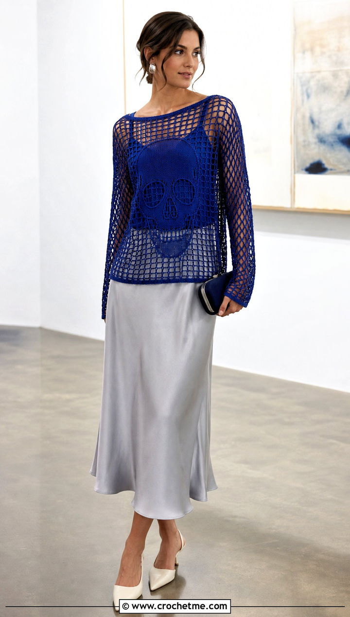 Mesh Crochet Skull Sweater With Satin Midi Skirt - 35 crochet skull sweater outfit ideas