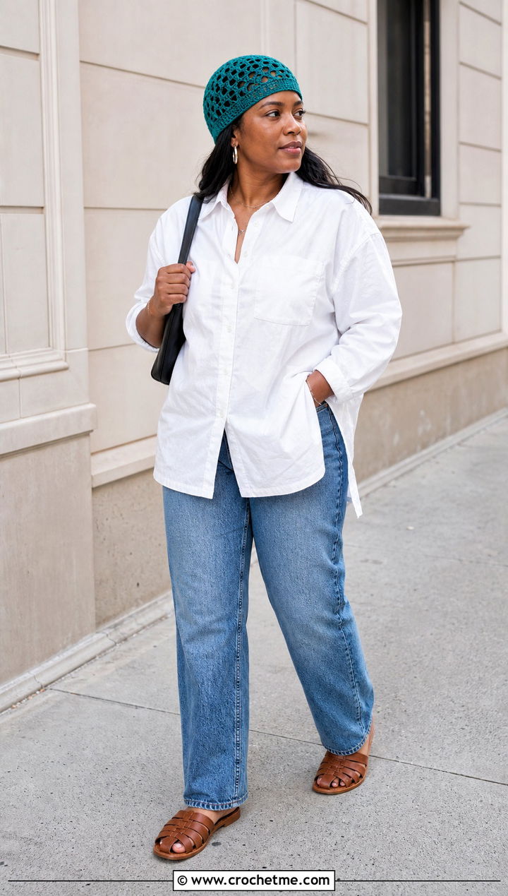 Mesh Crochet Skullcap With White Shirt And Jeans - 35 crochet tiny hat outfit ideas