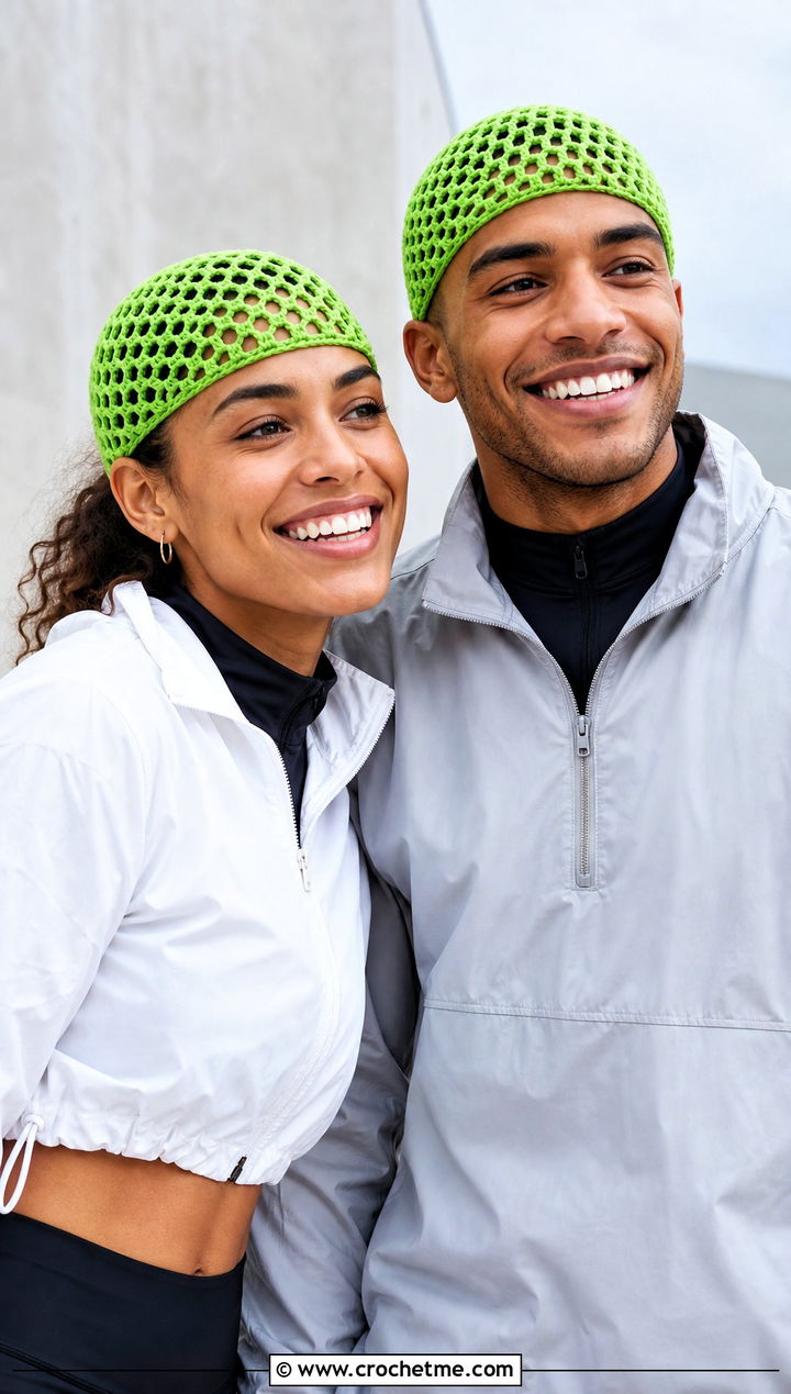 Mesh Crochet Skullcaps With Sporty Outfits - 15 Couples Crochet Hats outfit ideas