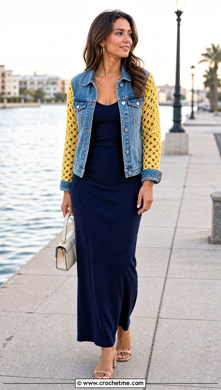 Mesh Crochet Sleeve Denim Jacket With Ribbed Maxi Dress - 30 crochet denim jacket outfit ideas
