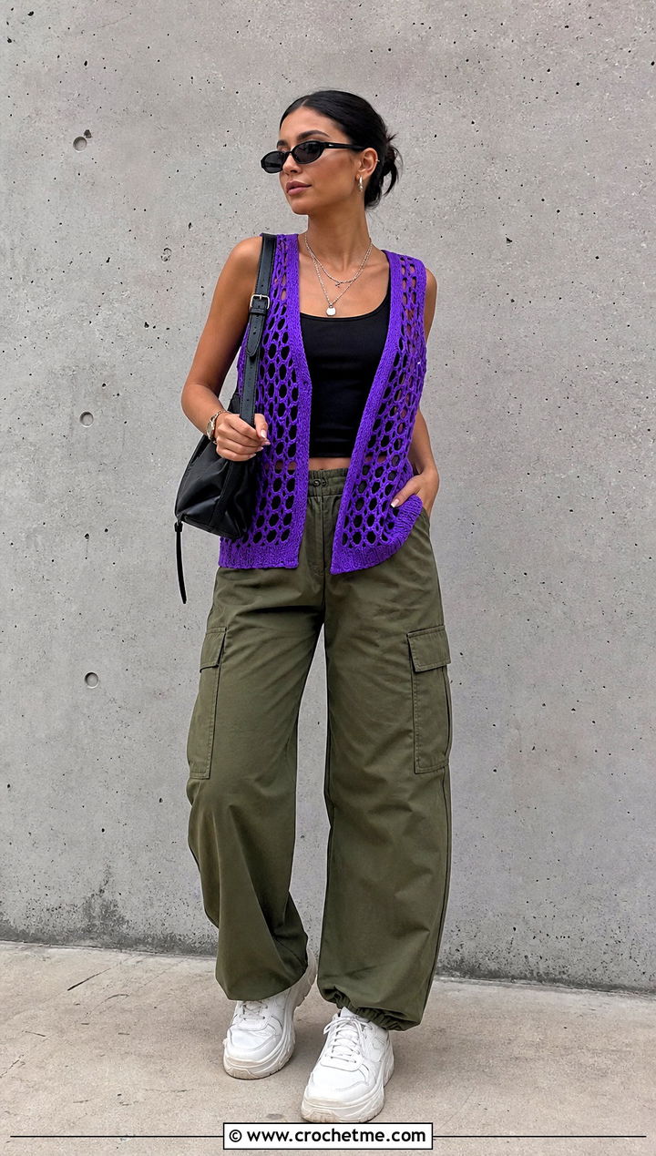 Mesh Crochet Sleeveless Vest With Cargo Pants - 35 crochet sleeveless vest outfit ideas