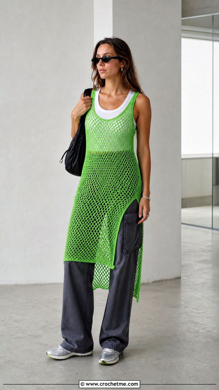Mesh Crochet Slip Dress With Cargo Pants - 35 crocheted dress outfit ideas