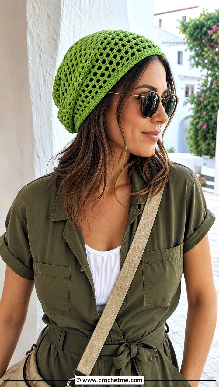 Mesh Crochet Slouch Beanie With Utility Jumpsuit - 35 crochet slouch beanie outfit ideas