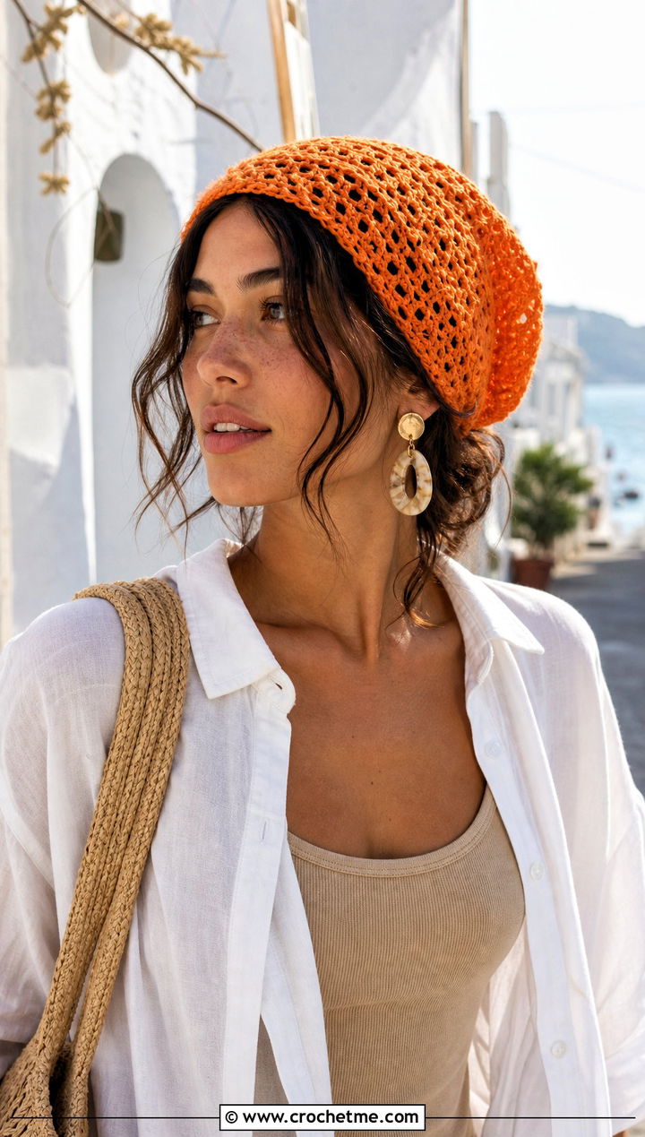 Mesh Crochet Slouch Hat With Linen Shirt And Wide Leg Pants - 25 easy crochet slouch hat outfit ideas