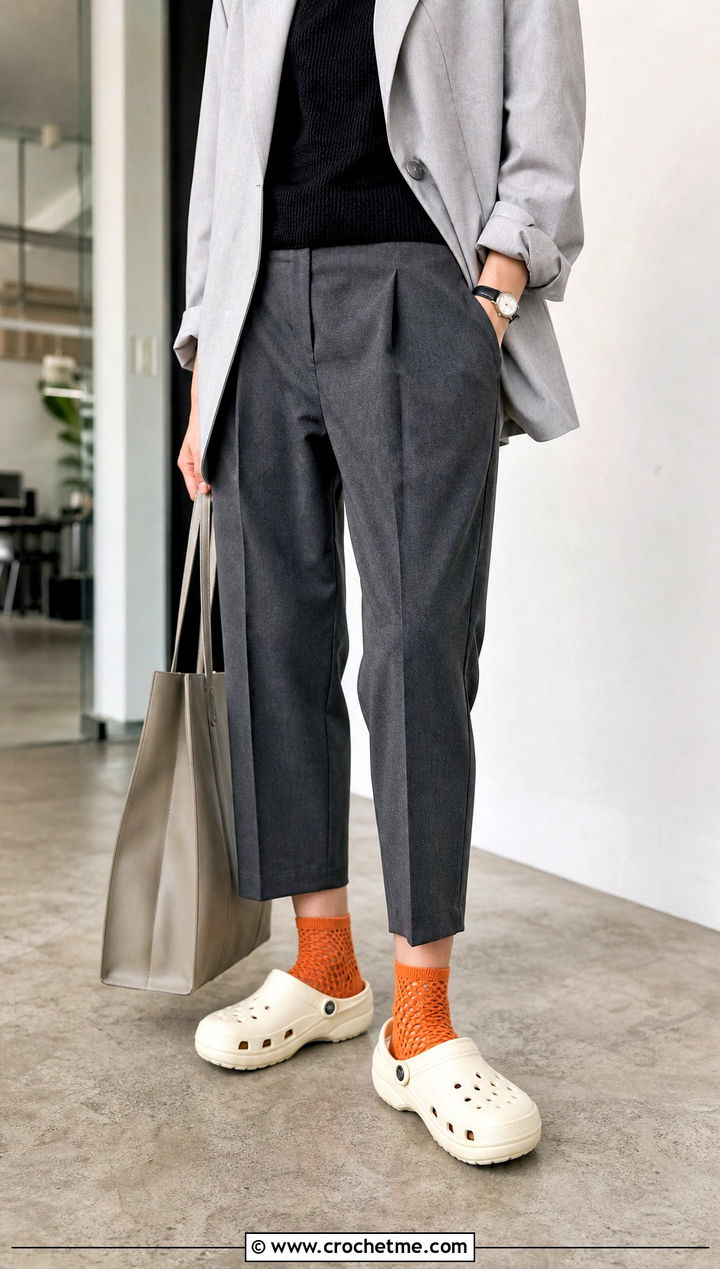 Mesh Crochet Socks With Tailored Trousers - 20 croc crochet socks outfit ideas
