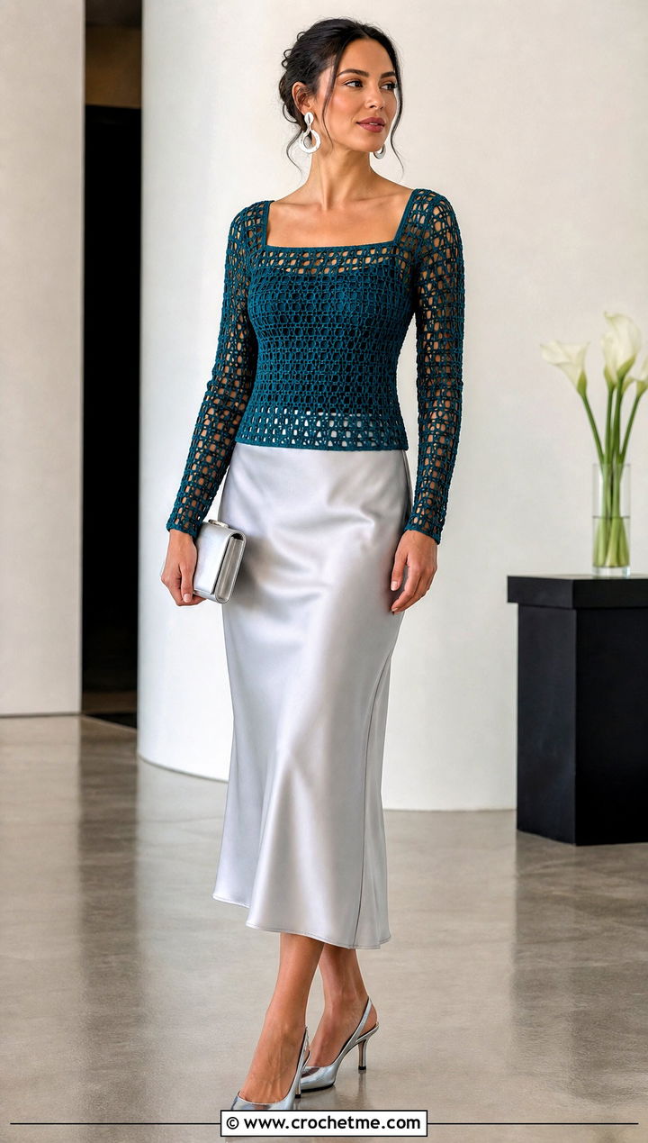 Mesh Crochet Square Neck Top With Satin Midi Skirt - 35 crochet square neck top outfit ideas