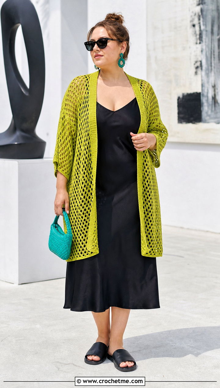 Mesh Crochet Summer Cardigan With Black Slip Dress - 30 plus size crochet summer cardigan outfit ideas