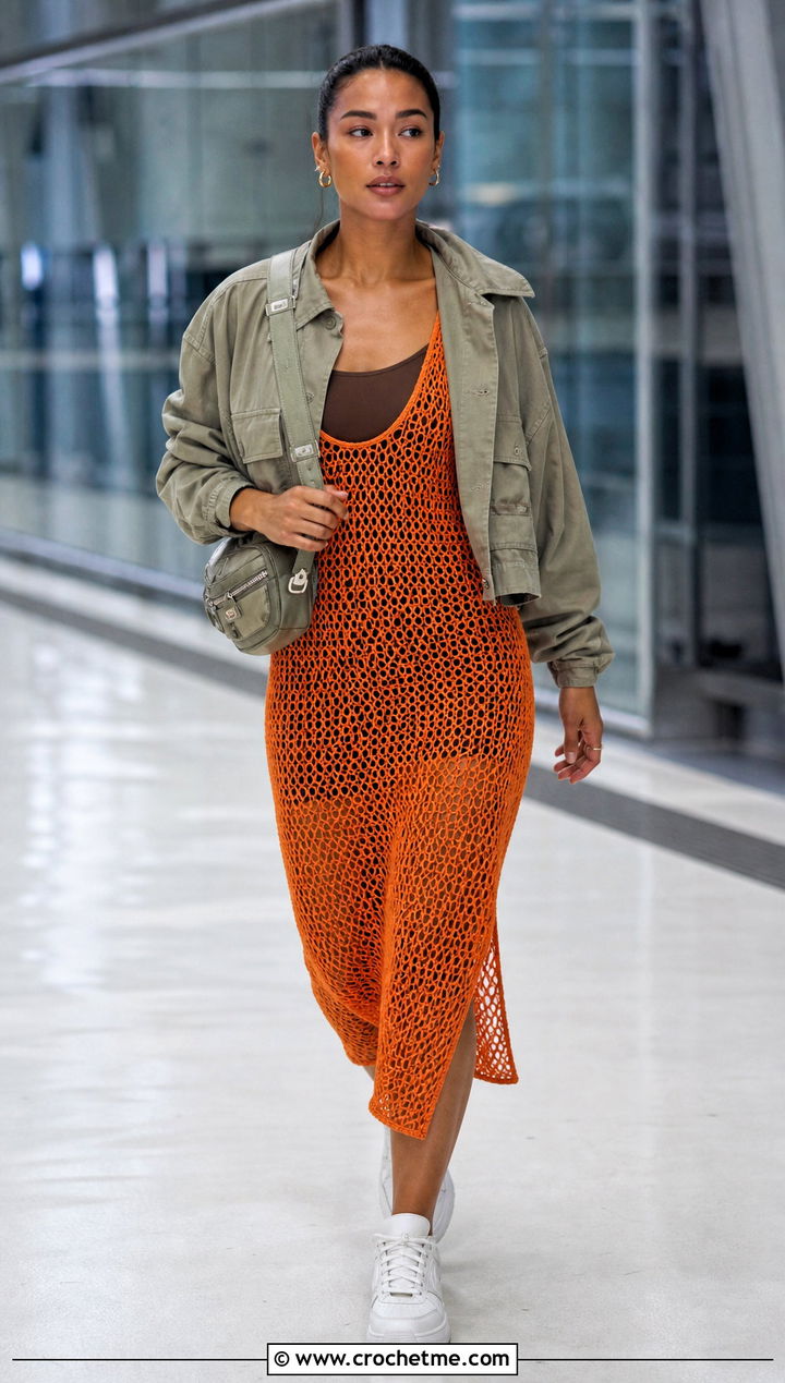 Mesh Crochet Sun Dress With Cargo Jacket - 35 crochet sun dress outfit ideas