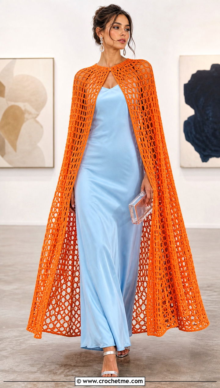 Mesh Crochet Super Hero Cape With Satin Dress - 25 Crochet Super Hero Cape outfit ideas