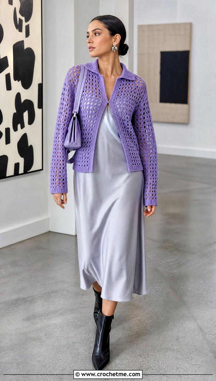 Mesh Crochet Sweater Jacket With Slip Dress - 20 Crochet Sweater Jacket outfit ideas
