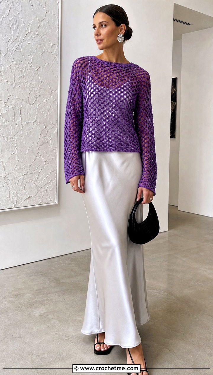 Mesh Crochet Sweater Over A Slip Dress - 25 Basic Crochet Sweater outfit ideas