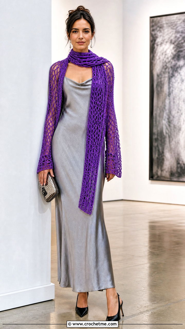 Mesh Crochet Sweater Scarf With Satin Slip Dress - 35 crochet sweater scarf outfit ideas