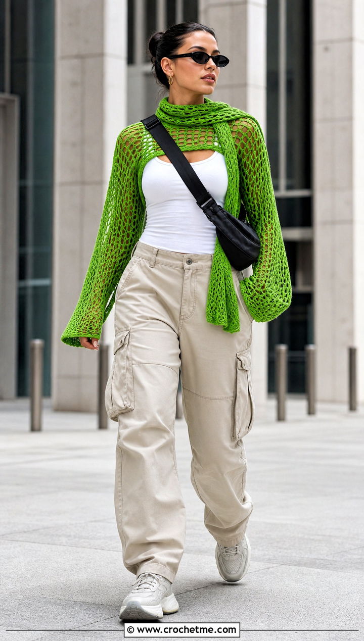 Mesh Crochet Sweater Scarf With Sleeves And Cargo Pants - 25 crochet sweater scarf with sleeves outfit ideas