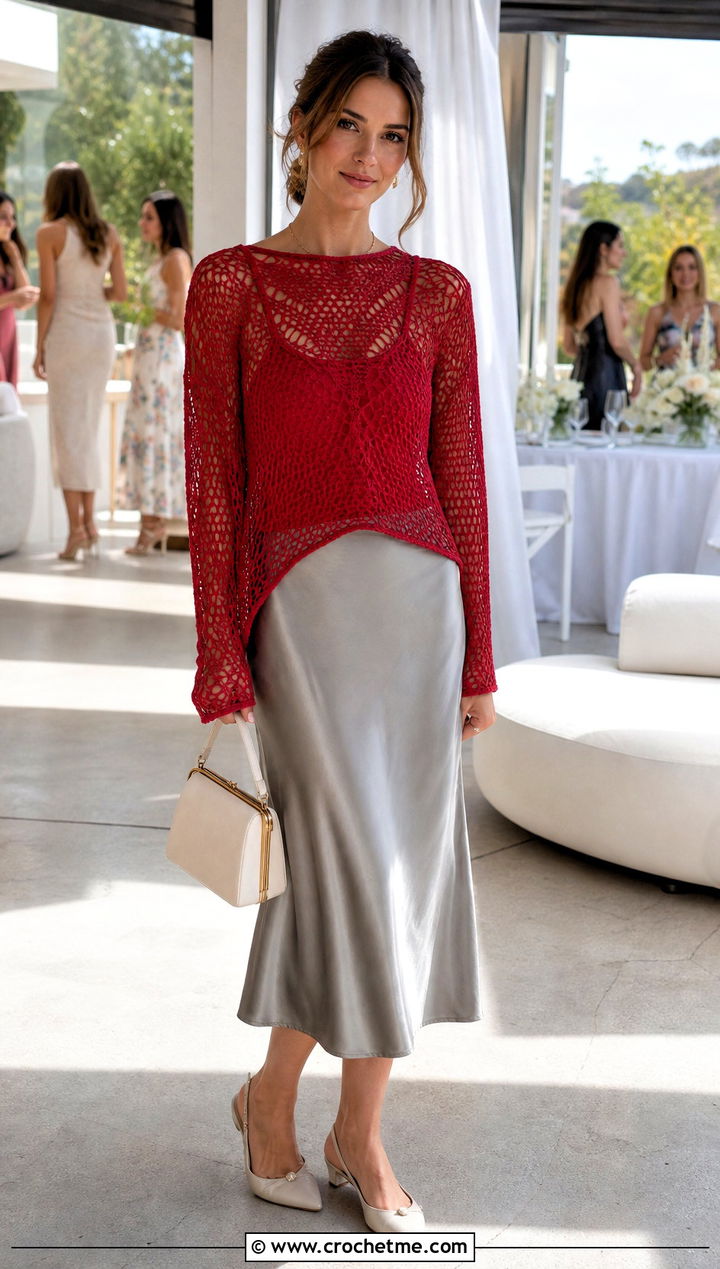 Mesh Crochet Sweater Set With Satin Slip Skirt - 25 Crochet Sweater Set outfit ideas