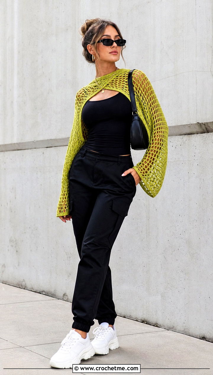 Mesh Crochet Sweater Shawl With Cargo Pants - 25 crochet sweater shawl outfit ideas