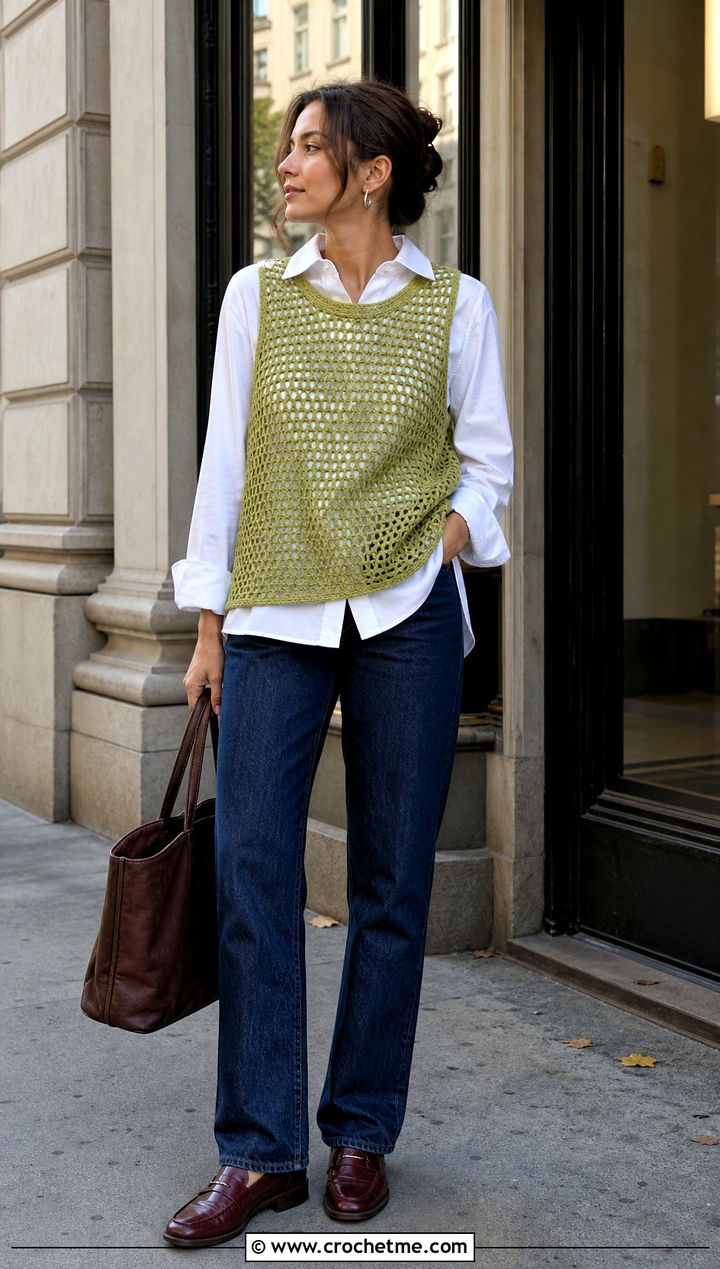 Mesh Crochet Sweater Tank Over A Poplin Shirt - 25 Crochet Sweater Tank outfit ideas