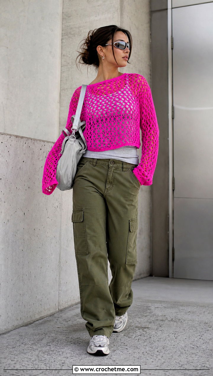 Mesh Crochet Sweater With Cargo Pants - 35 crochet sweater women outfit ideas