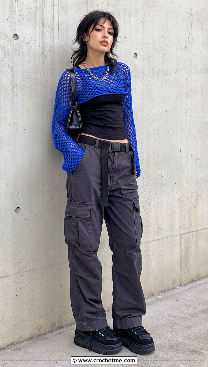 Mesh Crochet Sweater With Cargo Pants - 25 alt crochet sweater outfit ideas