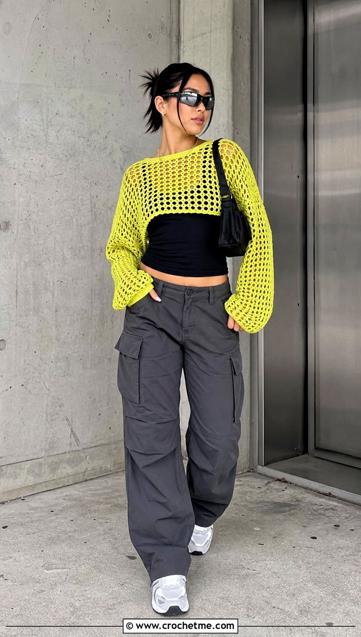 Mesh Crochet Sweater With Cargo Pants - 25 Crochet For Sweaters For Women outfit ideas