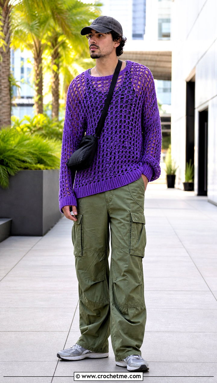 Mesh Crochet Sweater With Cargo Pants - 25 Mens Crochet Sweaters outfit ideas