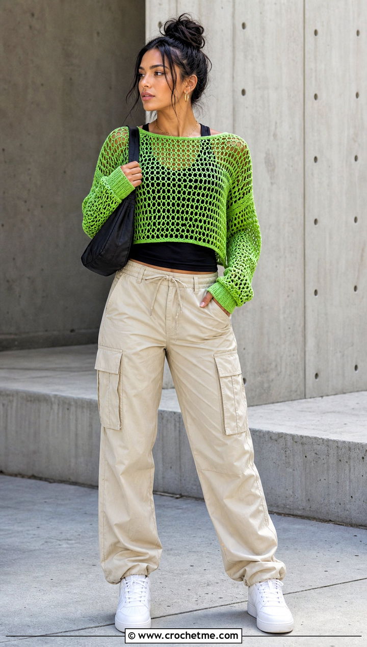 Mesh Crochet Sweater With Cargo Pants - 25 Woman Crochet Sweater outfit ideas