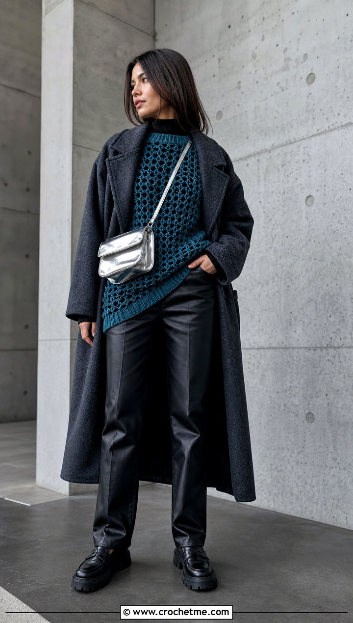 Mesh Crochet Sweater With Leather Pants - 30 winter crochet sweater outfit ideas