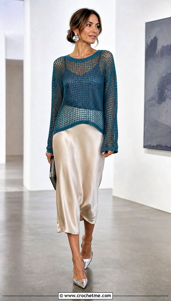 Mesh Crochet Sweater With Satin Midi Skirt - 30 spring crochet sweater outfit ideas